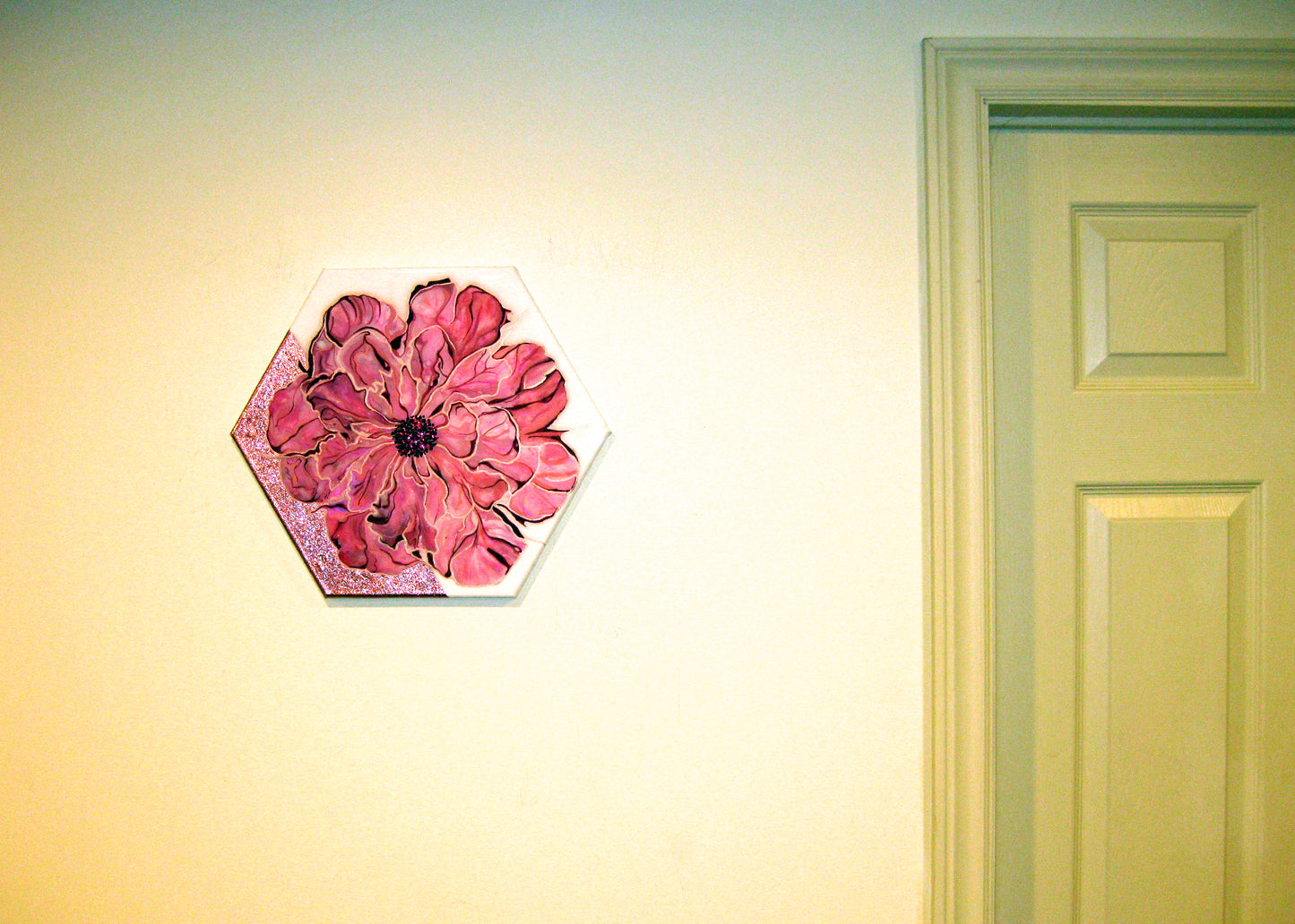 "Pink Peoni" - 14" Hexagon Acrylic Painting