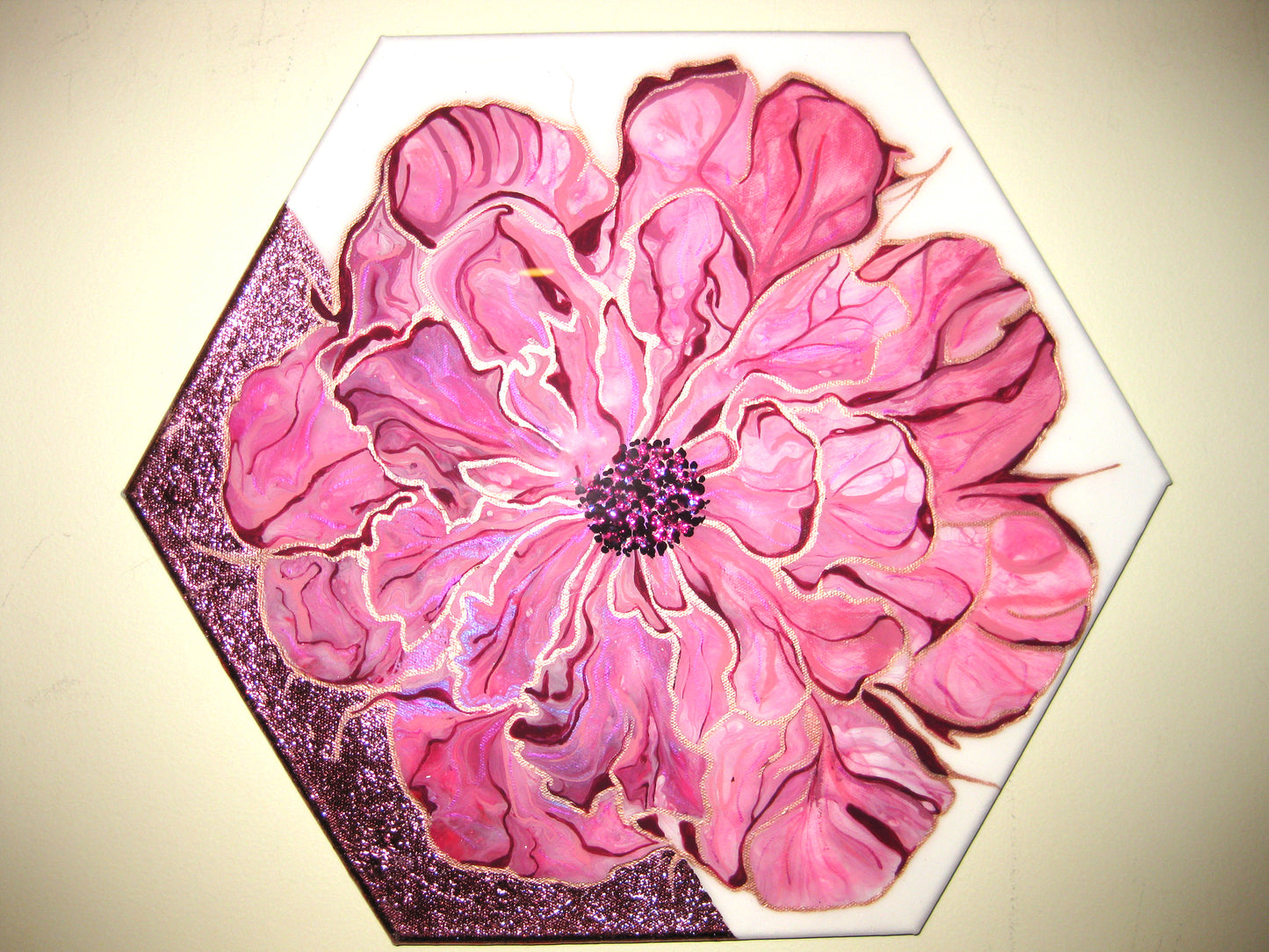"Pink Peoni" - 14" Hexagon Acrylic Painting