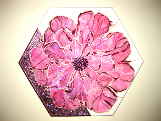 "Pink Peoni" - 14" Hexagon Acrylic Painting