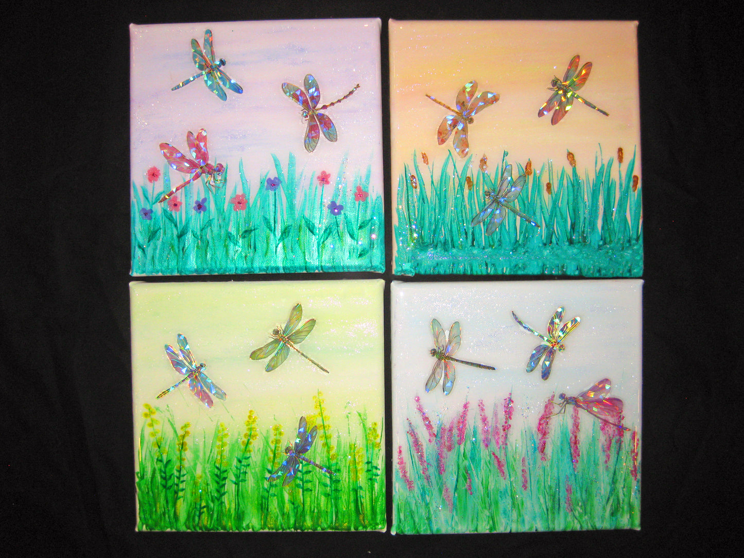Dragonfly Foursome - Dawn" - 8"  Square Acrylic Painting